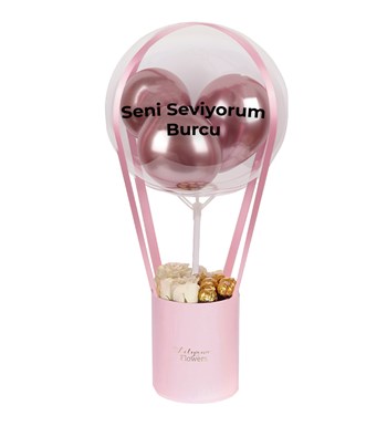 Balonlu Çikolatalı Pembe Kutuda Beyaz Gül