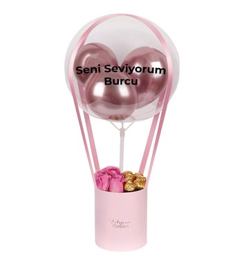Balonlu Çikolatalı Pembe Kutuda Pembe Gül