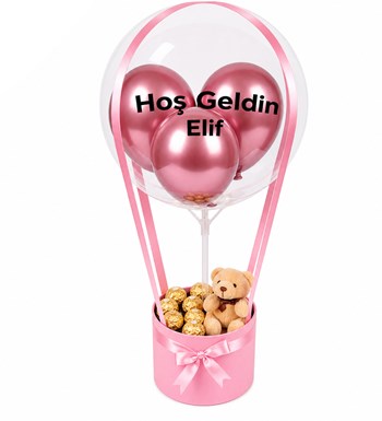 Balonlu Gold Fındıklı Çikolatalı Peluşlu Pembe Kutu