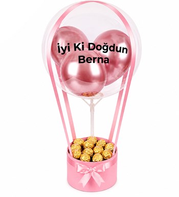 Balonlu Gold Fındıklı Çikolatalı Pembe Kutu