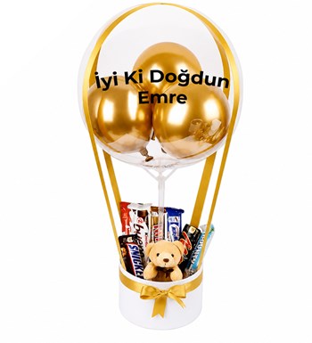Balonlu Peluşlu Çikolata Kutusu Beyaz Gold