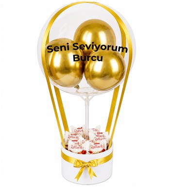 Balonlu Raffaello Çikolatalı Beyaz Kutu Gold