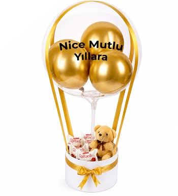 Balonlu Raffaello Peluşlu Çikolatalı Beyaz Kutu Gold