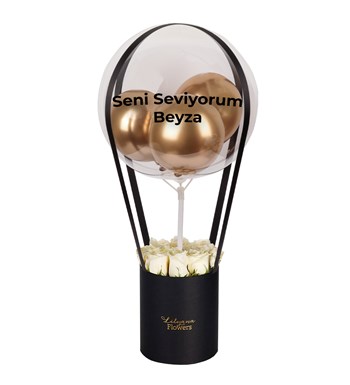 Balonlu Siyah Kutuda Beyaz Gül