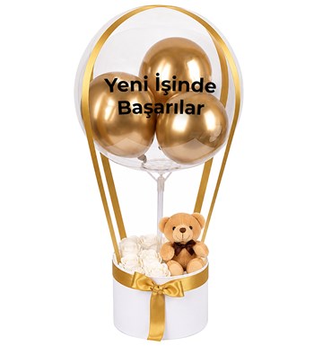 Balonlu Yuvarlak Beyaz Kutuda Ayıcıklı Yapay Beyaz Gül
