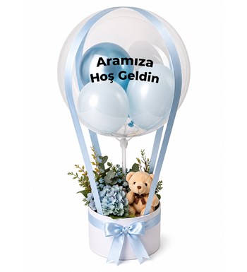 Balonlu Yuvarlak Beyaz Kutuda Ayıcıklı Yapay Mavi Aranjman