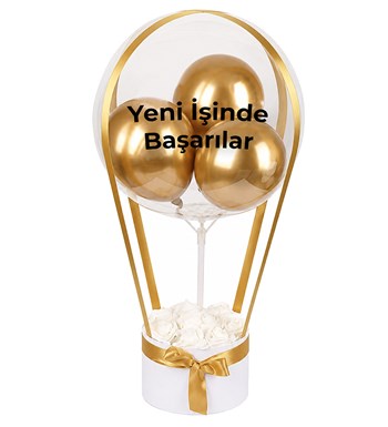 Balonlu Yuvarlak Beyaz Kutuda Yapay Beyaz Gül