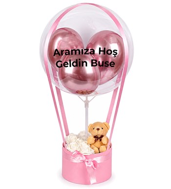 Balonlu Yuvarlak Pembe Kutuda Ayıcıklı Yapay Beyaz Gül