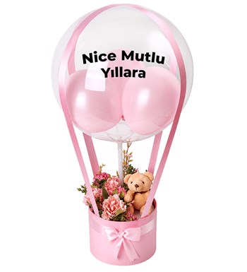 Balonlu Yuvarlak Pembe Kutuda Ayıcıklı Yapay Pembe Aranjman