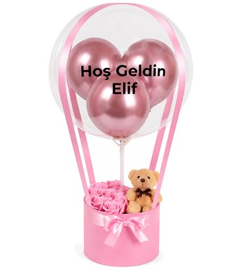 Balonlu Yuvarlak Pembe Kutuda Ayıcıklı Yapay Pembe Gül