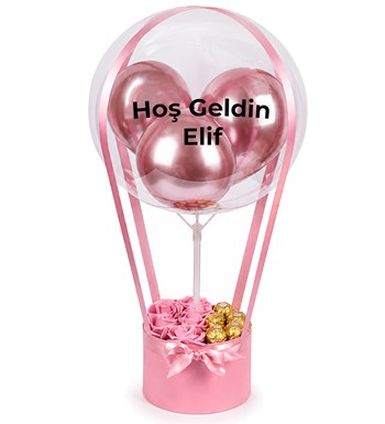 Balonlu Yuvarlak Pembe Kutuda Çikolatalı Yapay Pembe Gül