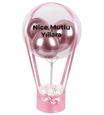 Balonlu Yuvarlak Pembe Kutuda Yapay Beyaz Gül