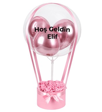 Balonlu Yuvarlak Pembe Kutuda Yapay Pembe Gül