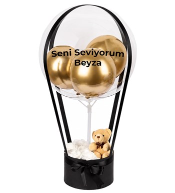 Balonlu Yuvarlak Siyah Kutuda Ayıcıklı Yapay Beyaz Gül
