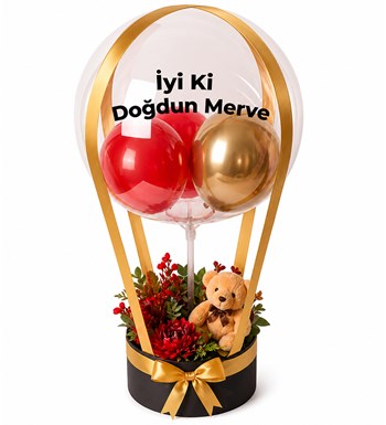 Balonlu Yuvarlak Siyah Kutuda Ayıcıklı Yapay Kırmızı Aranjman