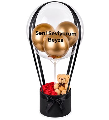 Balonlu Yuvarlak Siyah Kutuda Ayıcıklı Yapay Kırmızı Gül