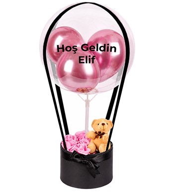 Balonlu Yuvarlak Siyah Kutuda Ayıcıklı Yapay Pembe Gül