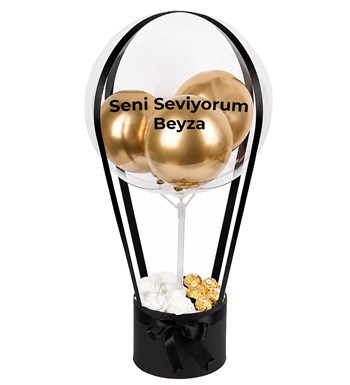Balonlu Yuvarlak Siyah Kutuda Çikolatalı Yapay Beyaz Gül