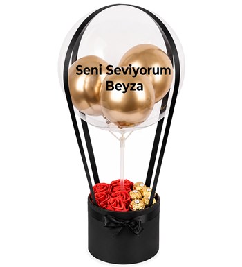 Balonlu Yuvarlak Siyah Kutuda Çikolatalı Yapay Kırmızı Gül