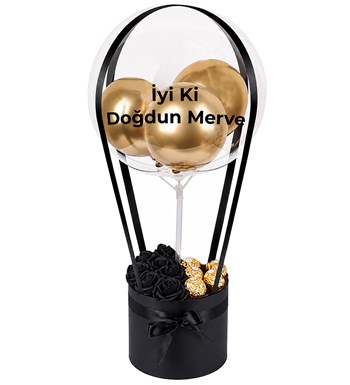 Balonlu Yuvarlak Siyah Kutuda Çikolatalı Yapay Siyah Gül