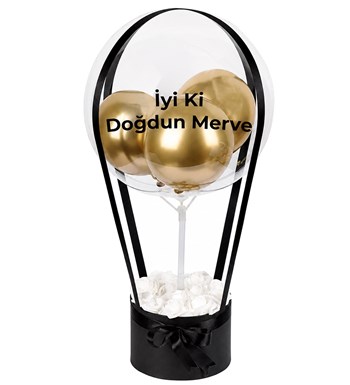 Balonlu Yuvarlak Siyah Kutuda Yapay Beyaz Gül