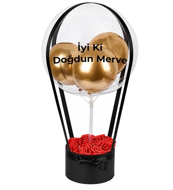 Balonlu Yuvarlak Siyah Kutuda Yapay Kırmızı Gül