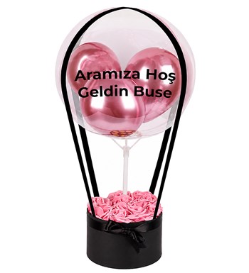 Balonlu Yuvarlak Siyah Kutuda Yapay Pembe Gül