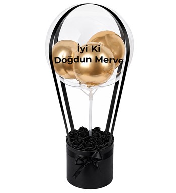 Balonlu Yuvarlak Siyah Kutuda Yapay Siyah Gül