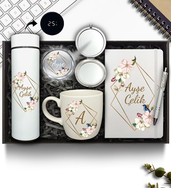 Kişiye Özel Dereceli Beyaz Termos & Beyaz Defter & Beyaz Kupa & Krom Ayna & Beyaz Kalem Hediye Seti
