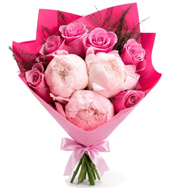 Pembe Gül ve Beyaz Şakayık Buketi